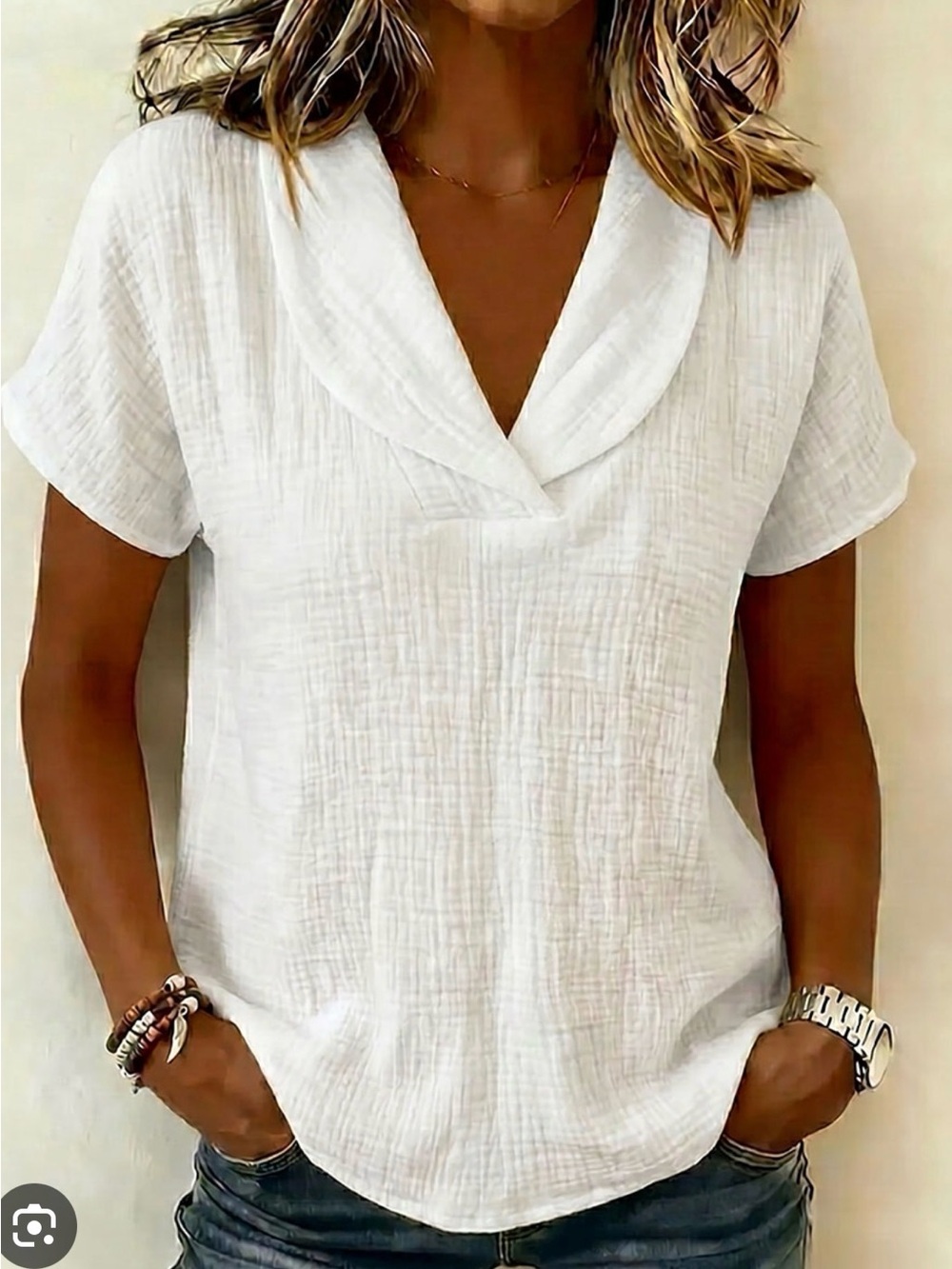 3 Women’s Blouses - White, Pink & Blue Textured V-Neck Short Sleeve